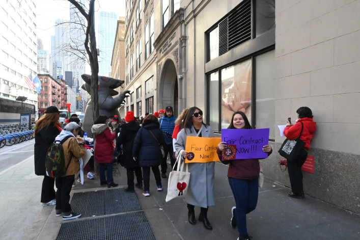 Unionized workers rallied outside of Legal Services NYC’s Manhattan office at 40 Worth St. in February amid contract negotiations. Unionized workers rallied outside of Legal Services NYC’s Manhattan office at 40 Worth St. in February amid contract negotiations. Signs read "Fair Contract Now!!"